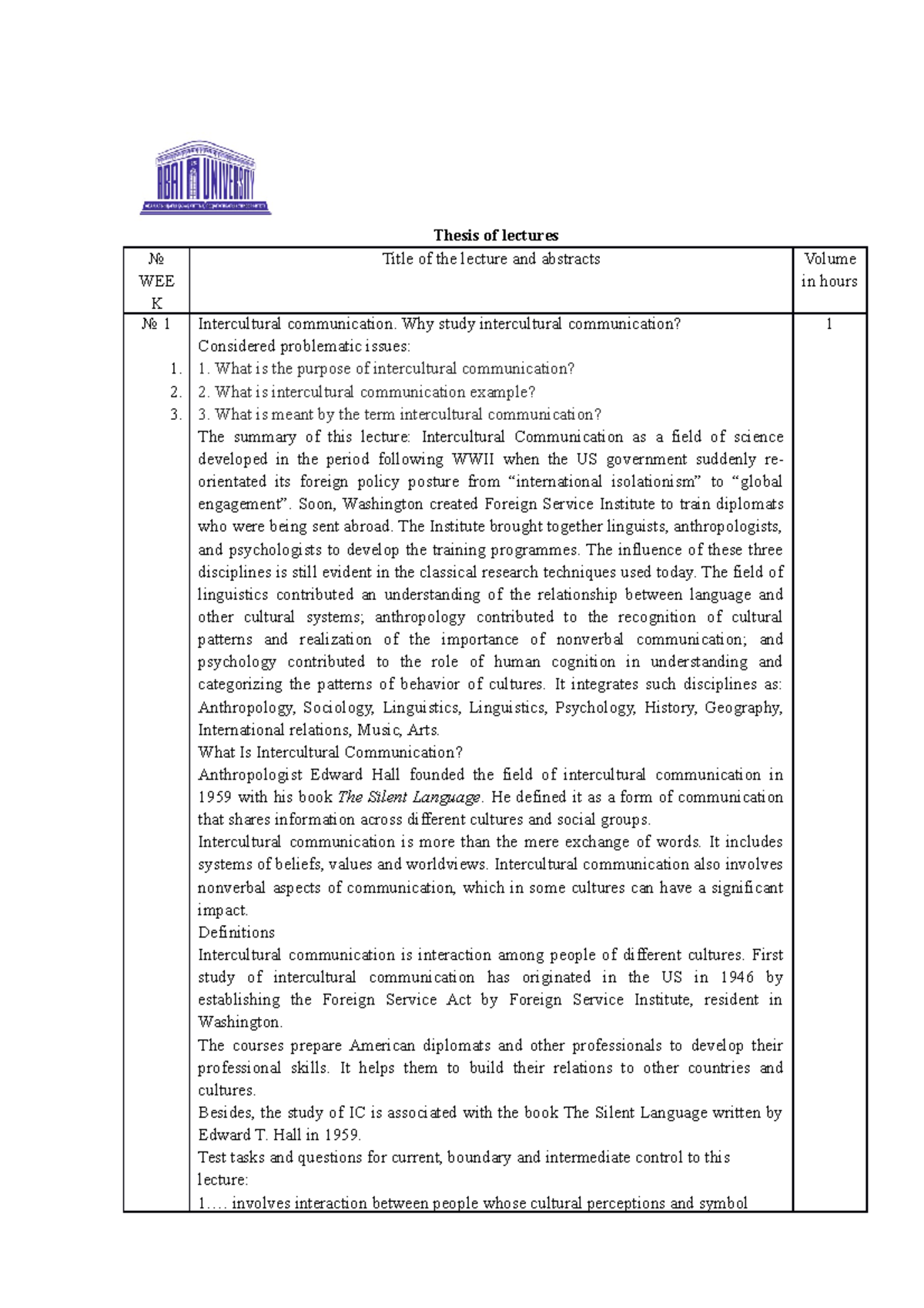 Thesis of lectures - useful - Thesis of lectures No WEE K Title of the ...