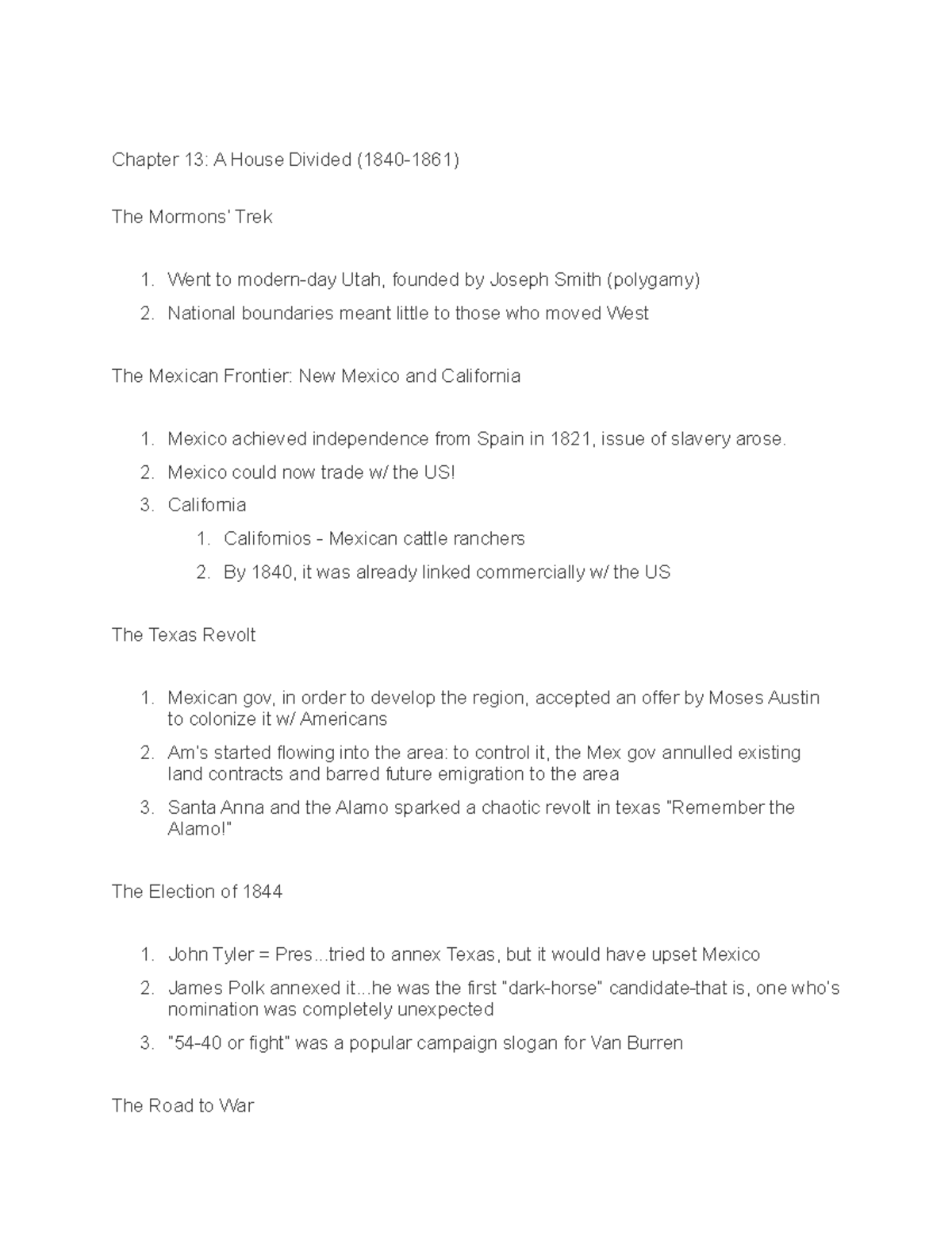 Chapter 13 Notes - Sdfadfasf - Chapter 13: A House Divided (1840-1861 ...