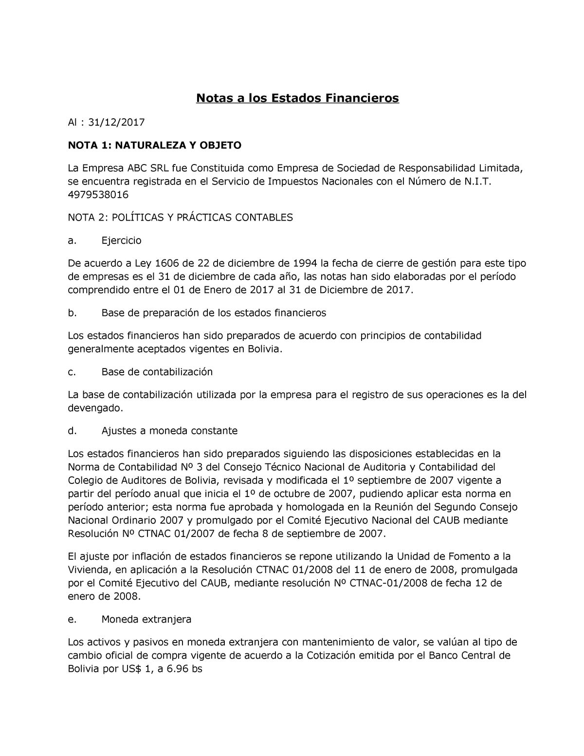 Notas A Los Estados Financieros Abc Srl Notas A Los Estados