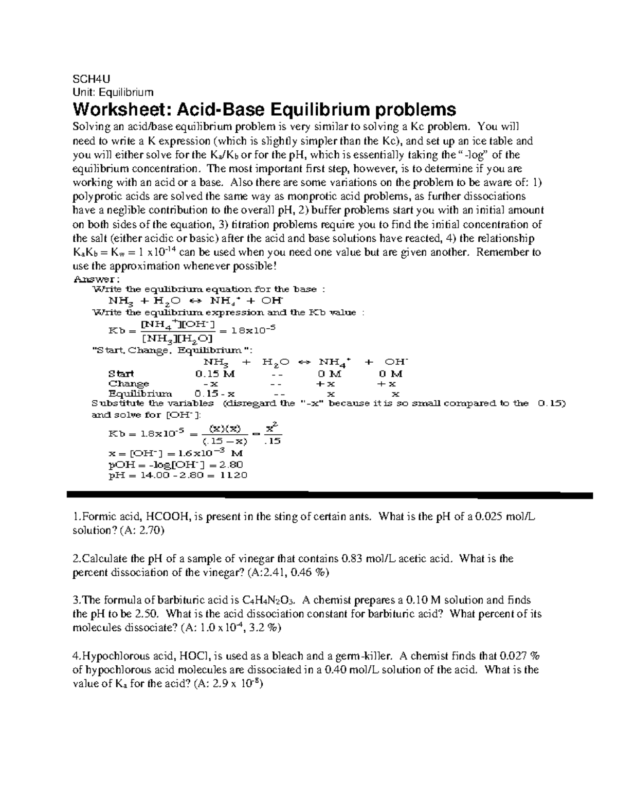 Acid Base Equilibrium worksheet - SCH4U Unit: Equilibrium Worksheet ...