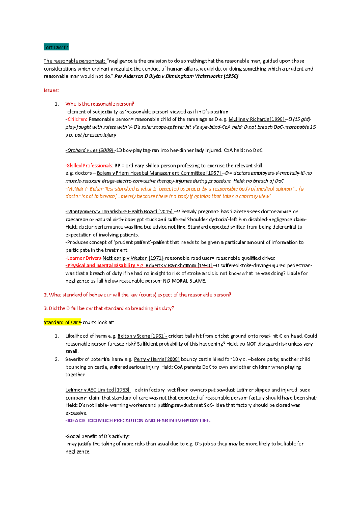 Tort Law IV-Neglience, Breach of Duty - Tort Law IV The reasonable ...