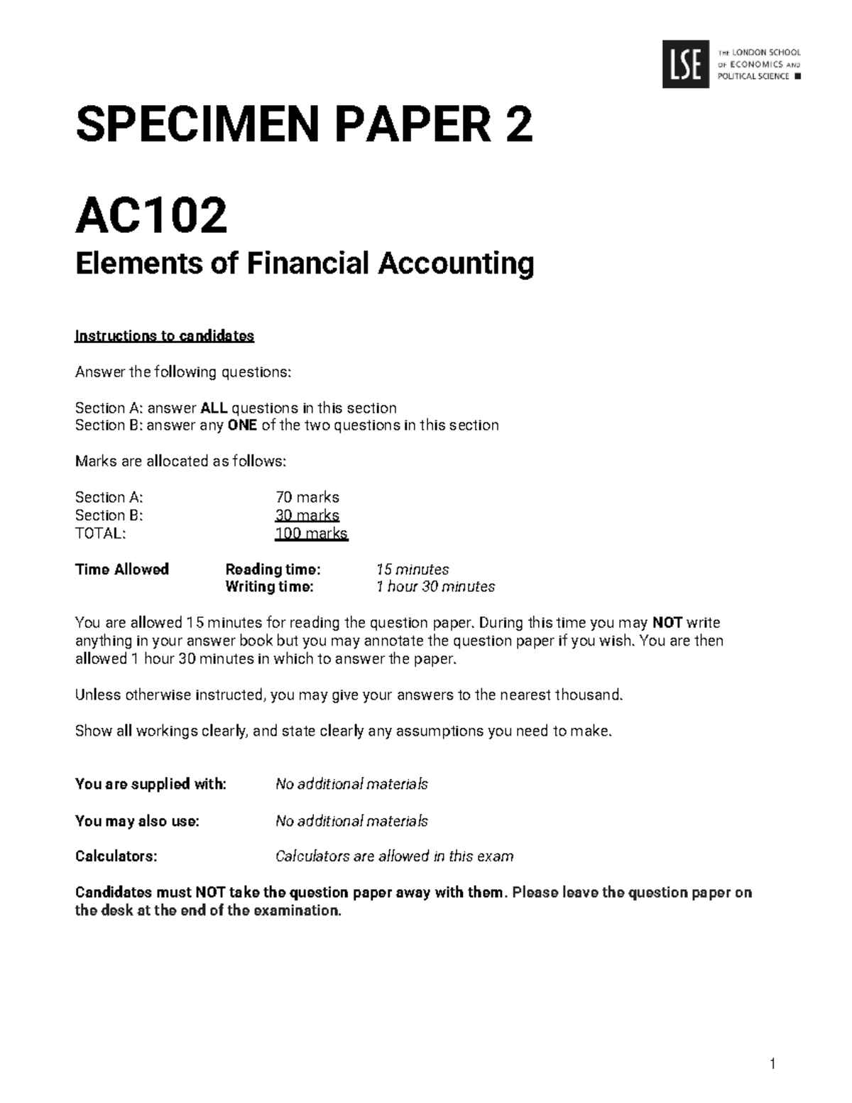 AC102 Specimen Paper 2 - SPECIMEN PAPER 2 AC Elements of Financial ...