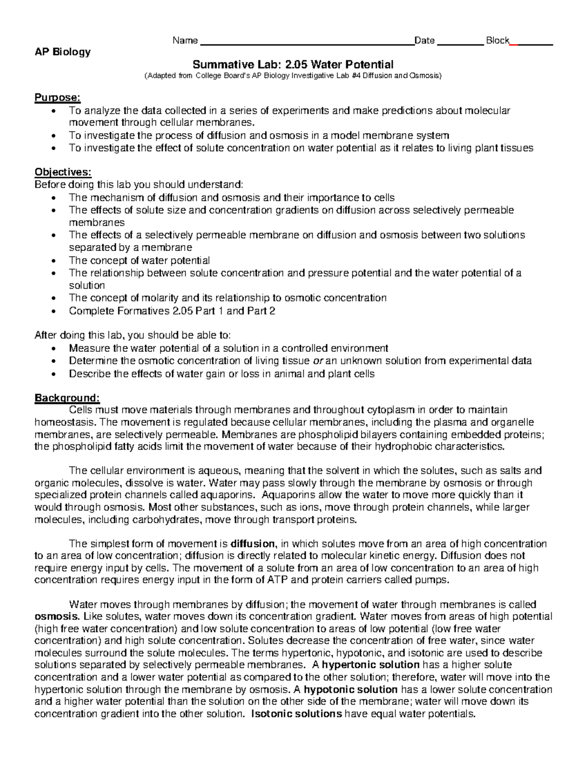 Summative Lab 2.05 Water Potential Modeling Diffusion and Osmosis