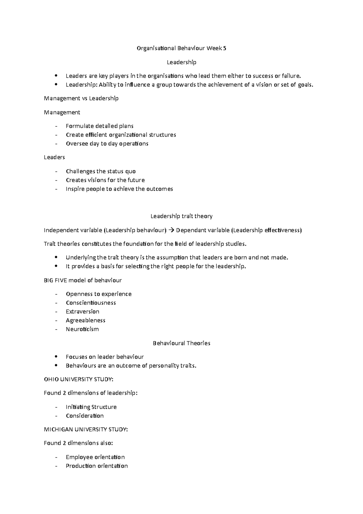 Organisational Behaviour Week 5 - Leadership: Ability to influence a ...