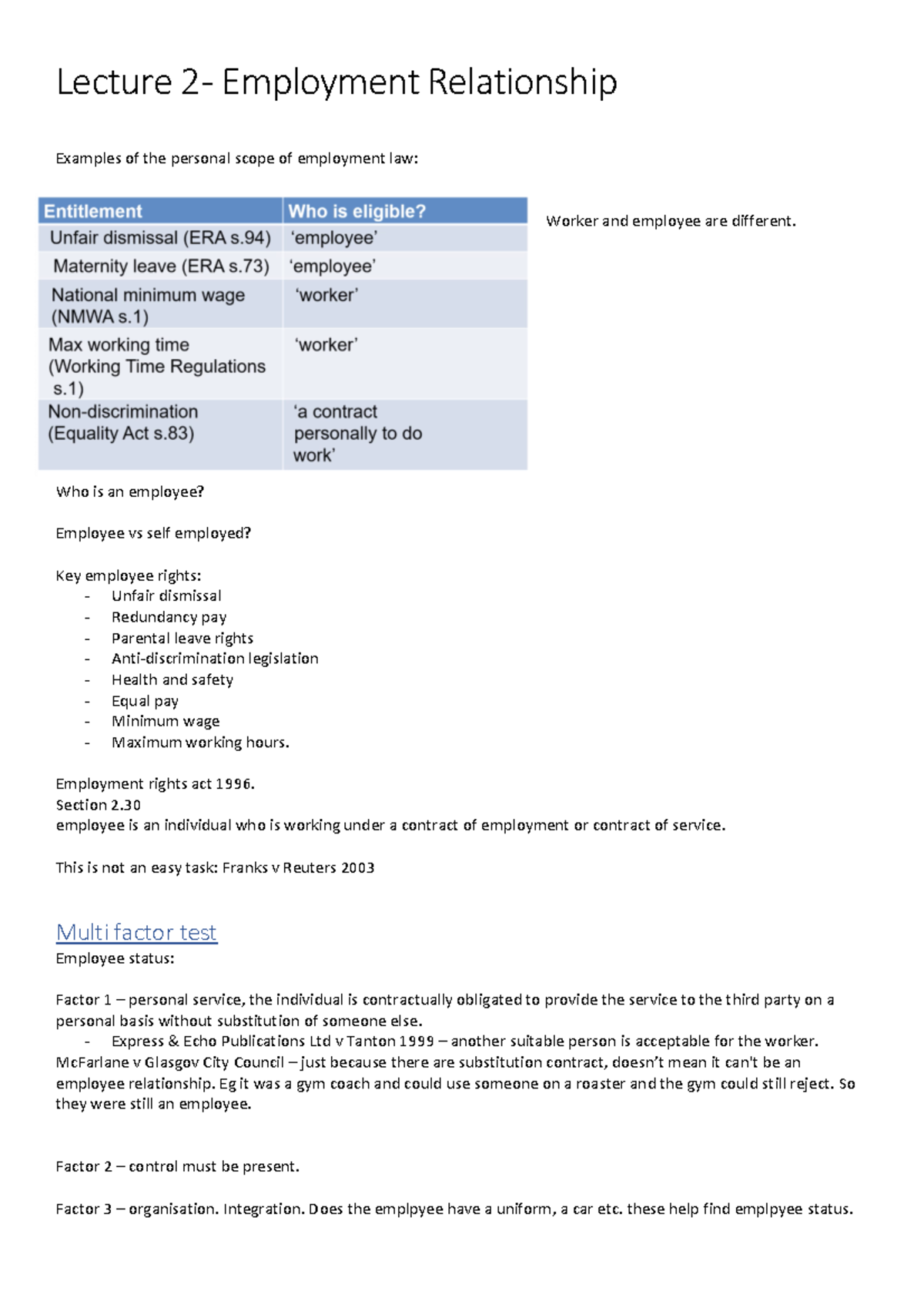 These are Lecture 2 notes Emplpyment Relationship - Lecture 2 ...