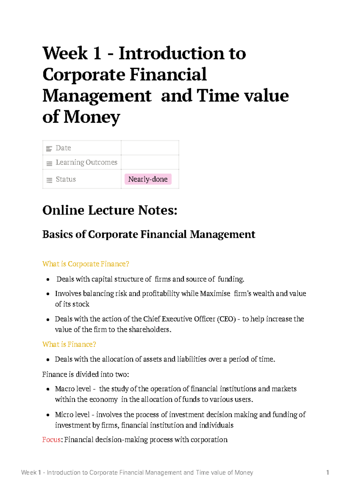 Week 1 - Introduction to Corporate Financial Management and Time value ...
