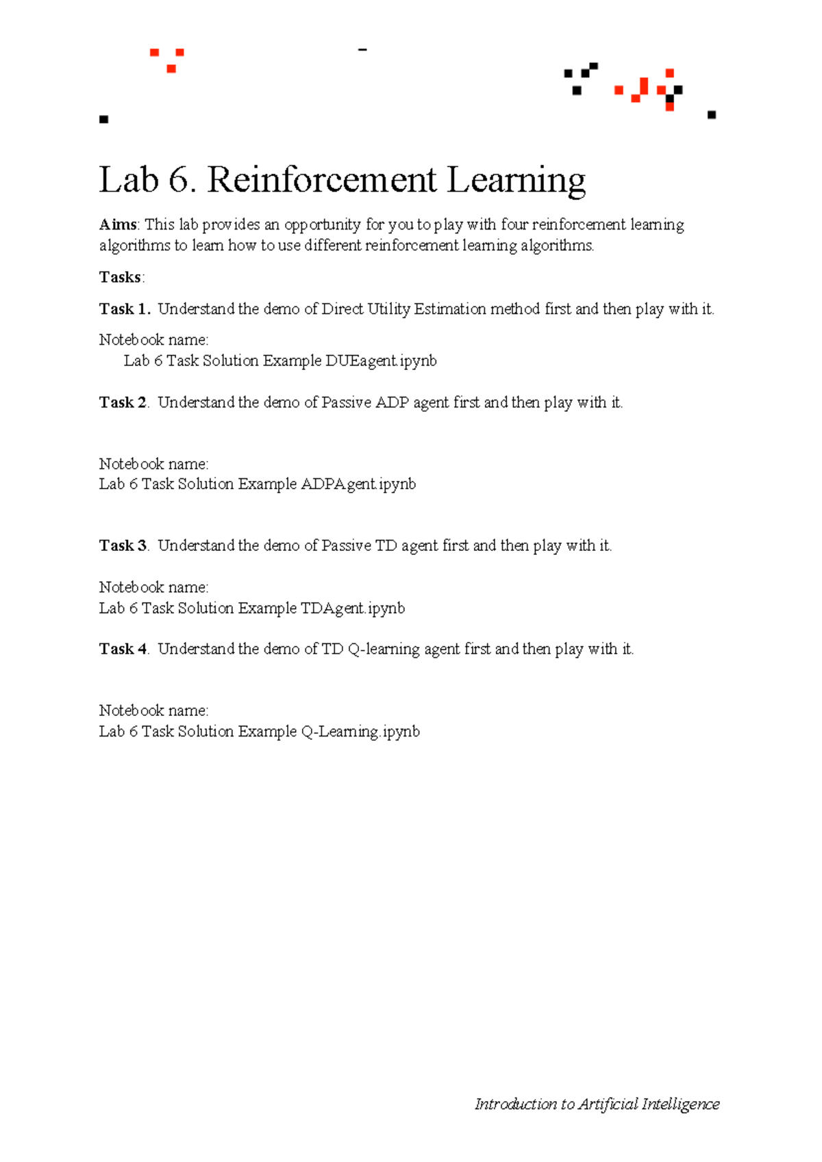 Lab 6 Specification - lab spec lab 6 - Lab 6. Reinforcement Learning ...