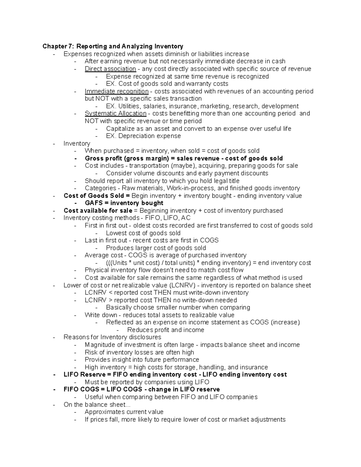 ACCY 200 Notes CH 7 - Chapter 7: Reporting and Analyzing Inventory ...