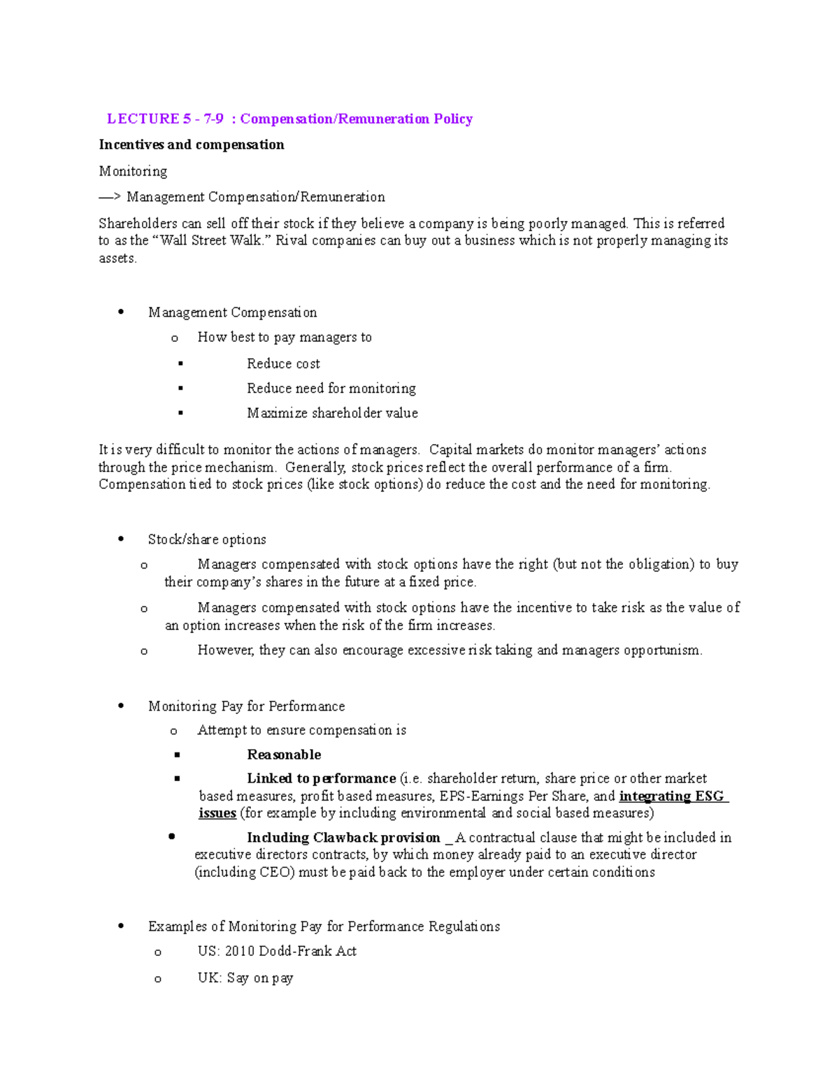 Lecture 5 - Note - LECTURE 5 - 7-9 : Compensation/Remuneration Policy ...