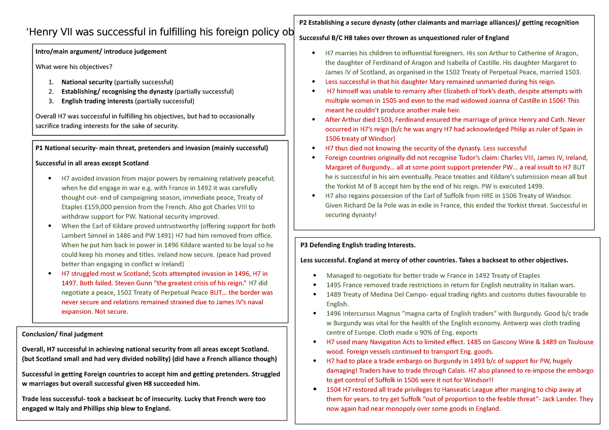 H7 essay plan FP objectives - ‘Henry VII was successful in fulfilling ...