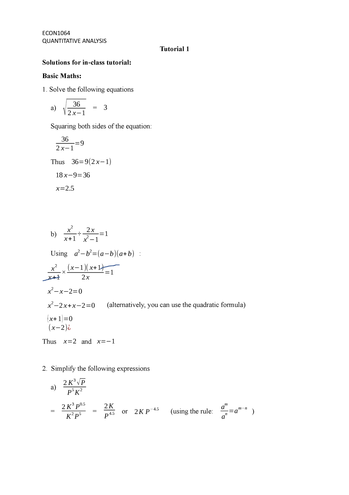 Tutorial 1 Solutions - QUANTITATIVE ANALYSIS Tutorial 1 Solutions for ...