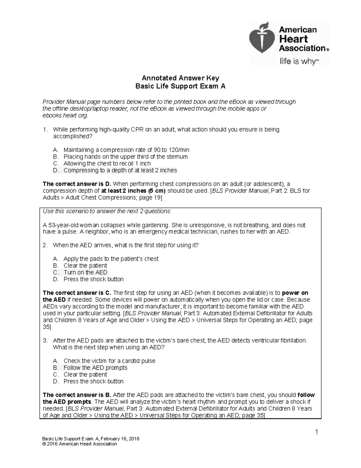 AHA BLS Exam A - BLS - Annotated Answer Key Basic Life Support Exam A  Provider Manual page numbers - Studocu