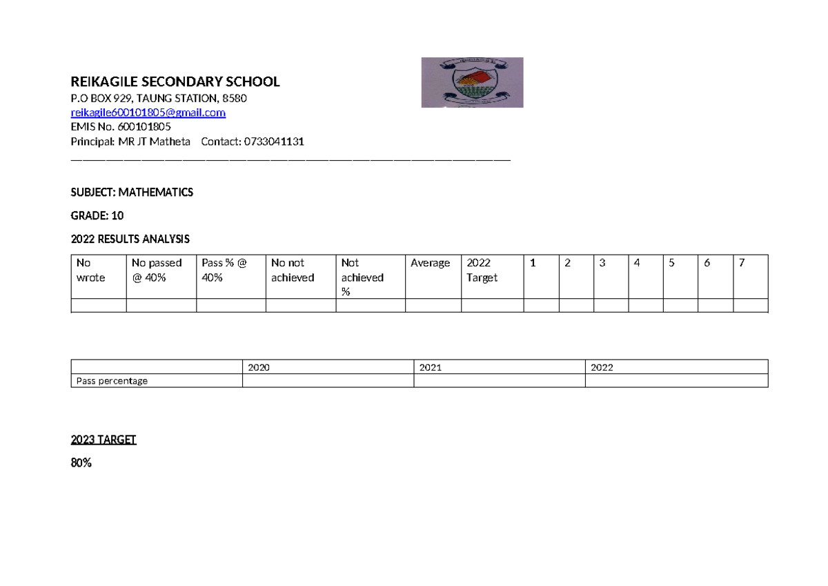 GR 10 Results Analysis - note - REIKAGILE SECONDARY SCHOOL P BOX 929 ...