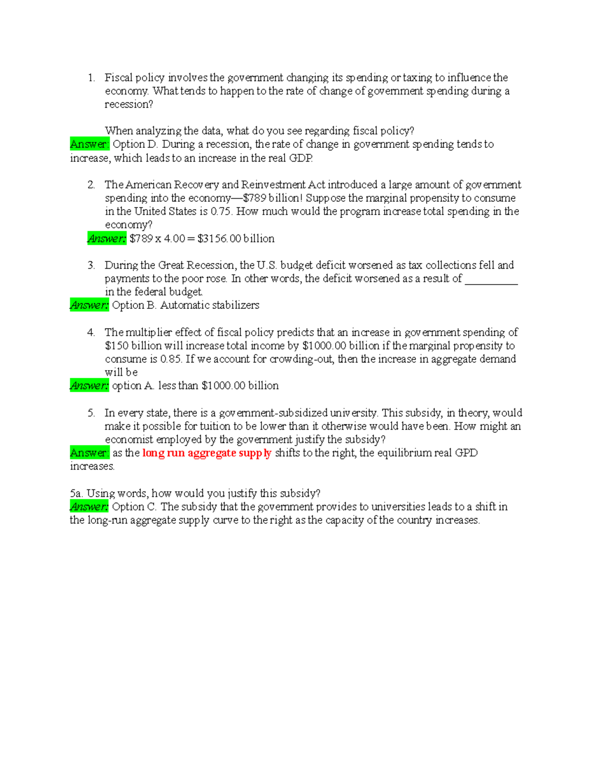 Chapter 16 Smartwork HW Quiz - Fiscal Policy Involves The Government ...