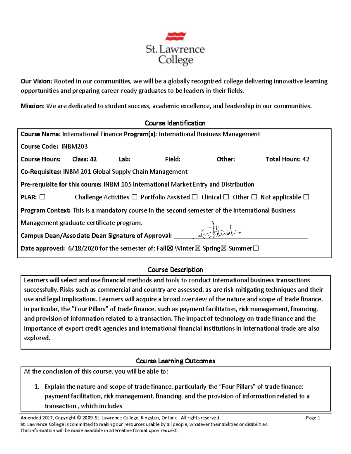 SLC-INBM203-Course Outline - Amended 2017, Copyright © 2009, St ...