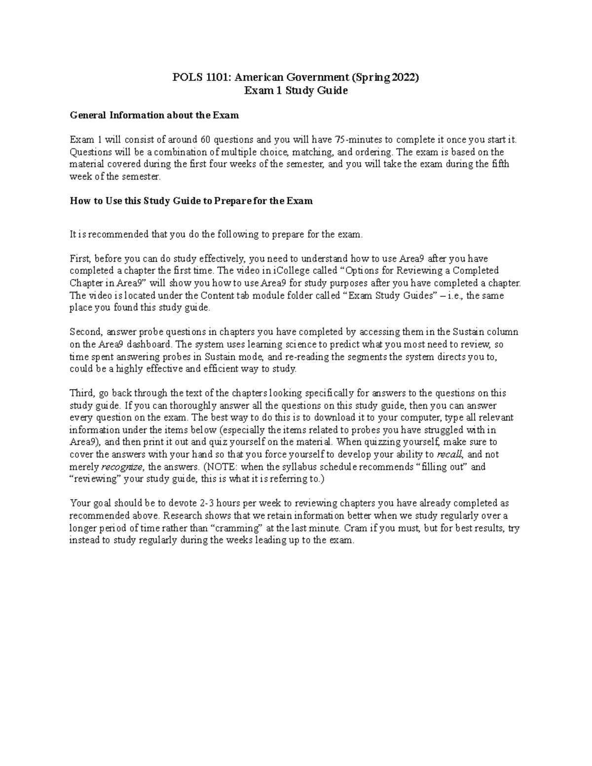 Exam 1 Study Guide S22 - POLS 1101: American Government (Spring 2022 ...