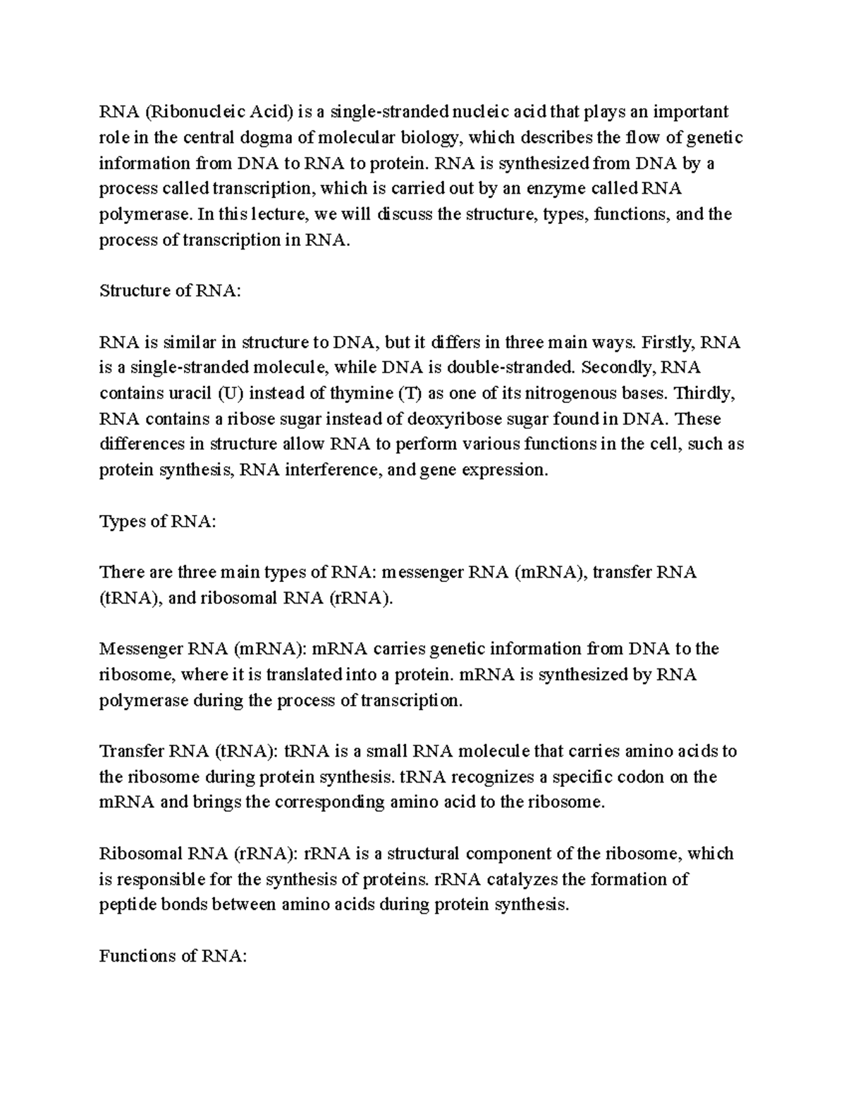 RNA Notes 1 Google Docs RNA (Ribonucleic Acid) is a singlestranded
