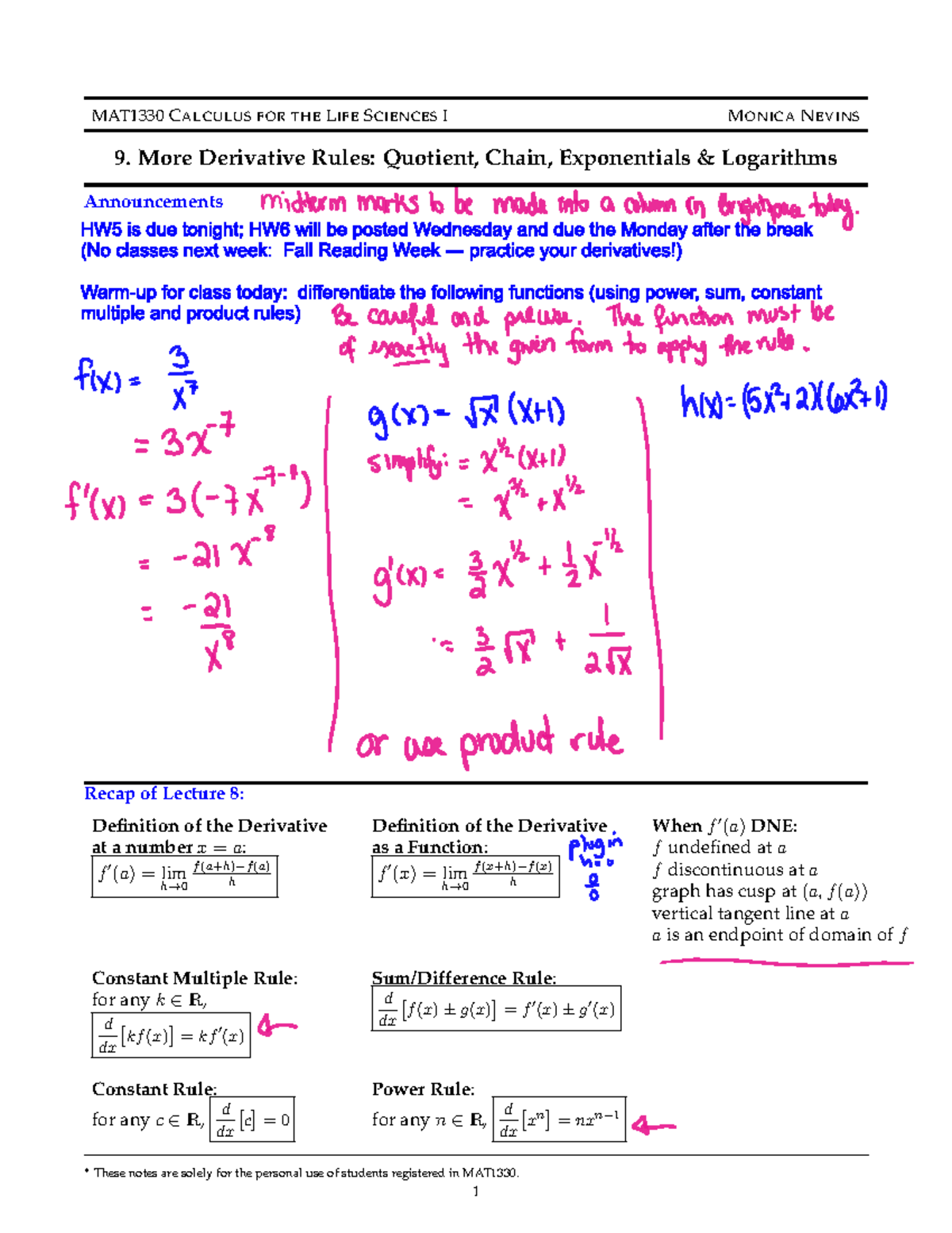MATH1330 Lecture 9 - MAT1330 CALCULUS FOR THELIFESCIENCESI MONICANEVINS ...