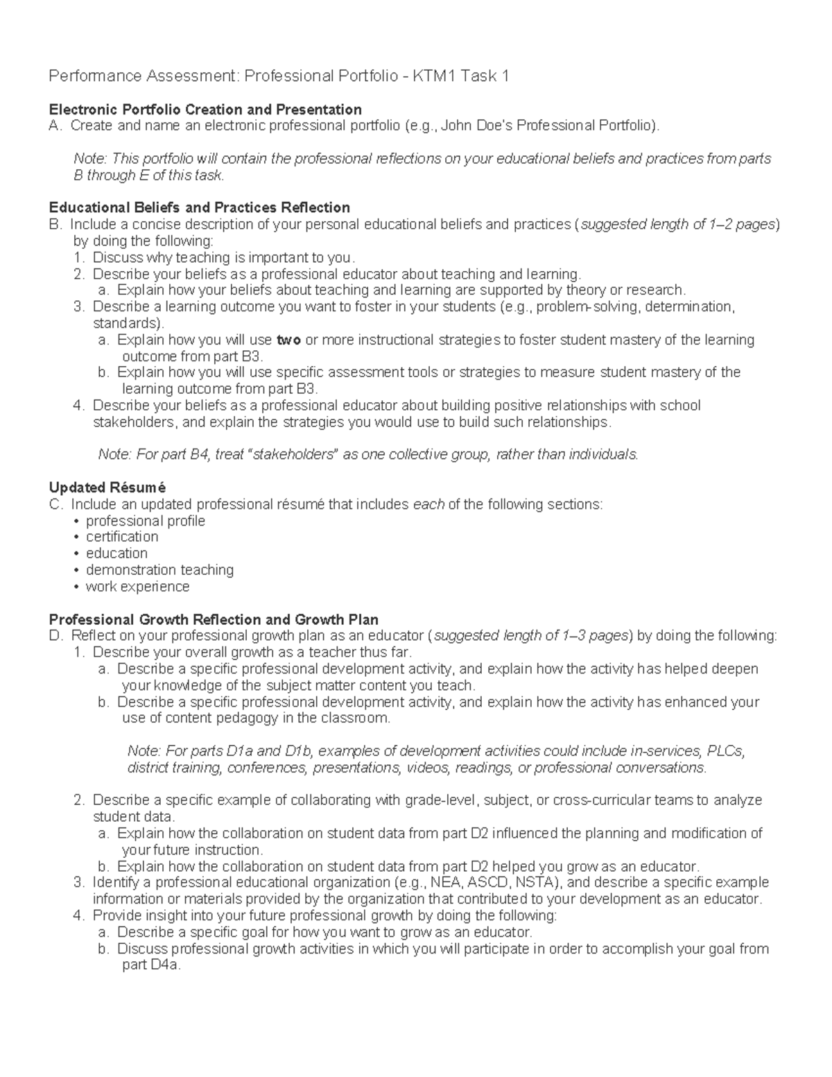 Task 1 - Performance Assessment: Professional Portfolio - KTM1 Task 1 ...