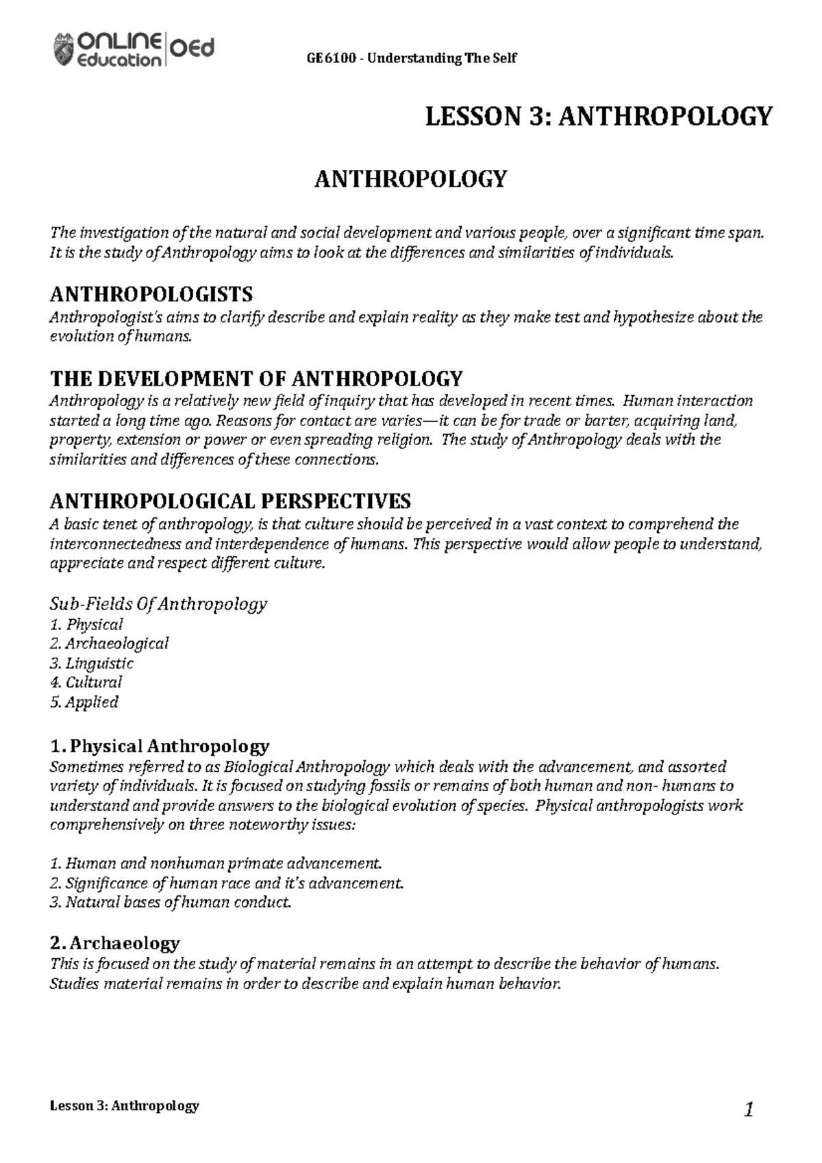 Lesson 3 - Anthropology - GE6100 - Understanding The Self LESSON 3 ...