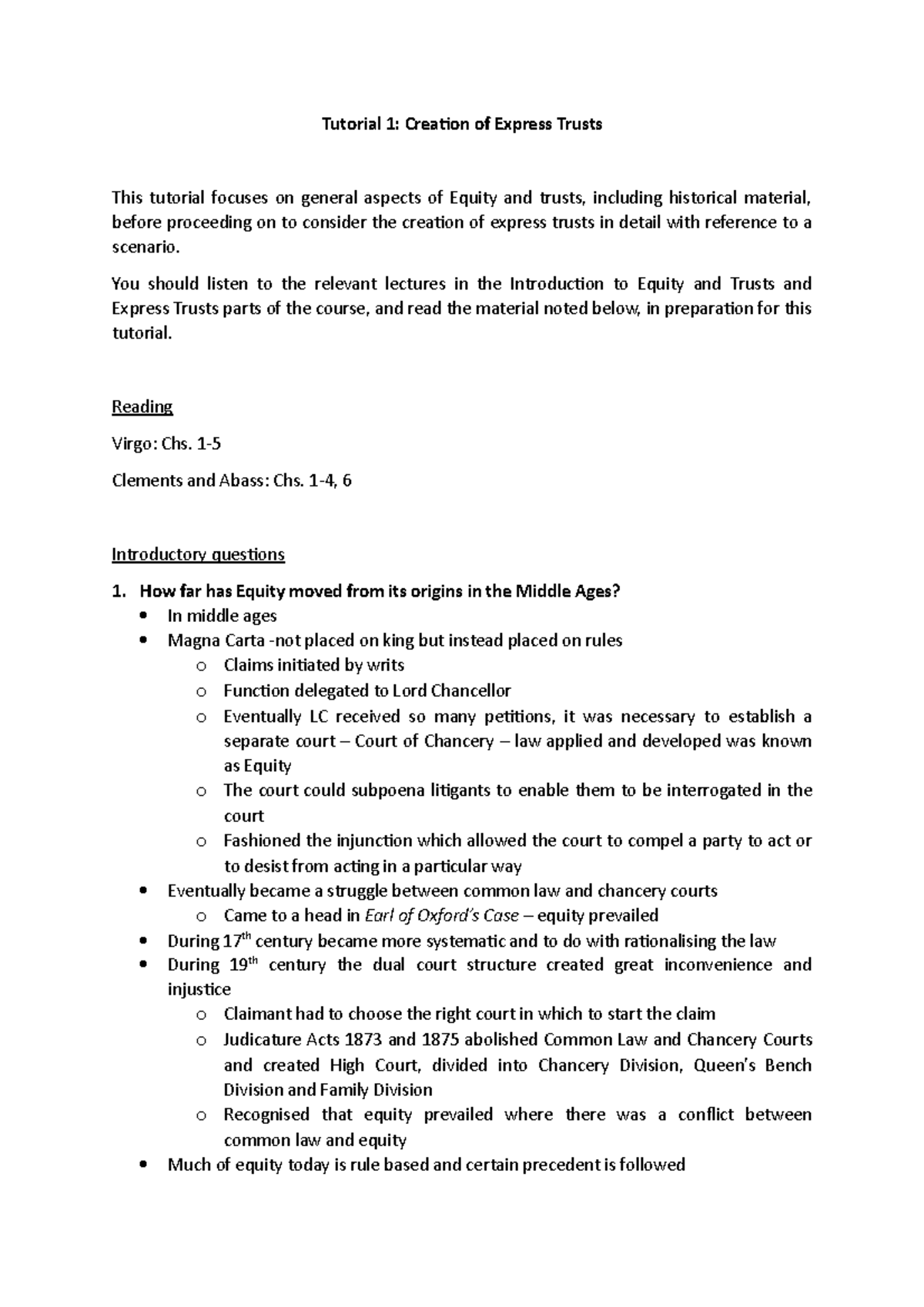 Equity and Trusts - Tutorial 1 - 2021-22 - Tutorial 1: Creation of ...
