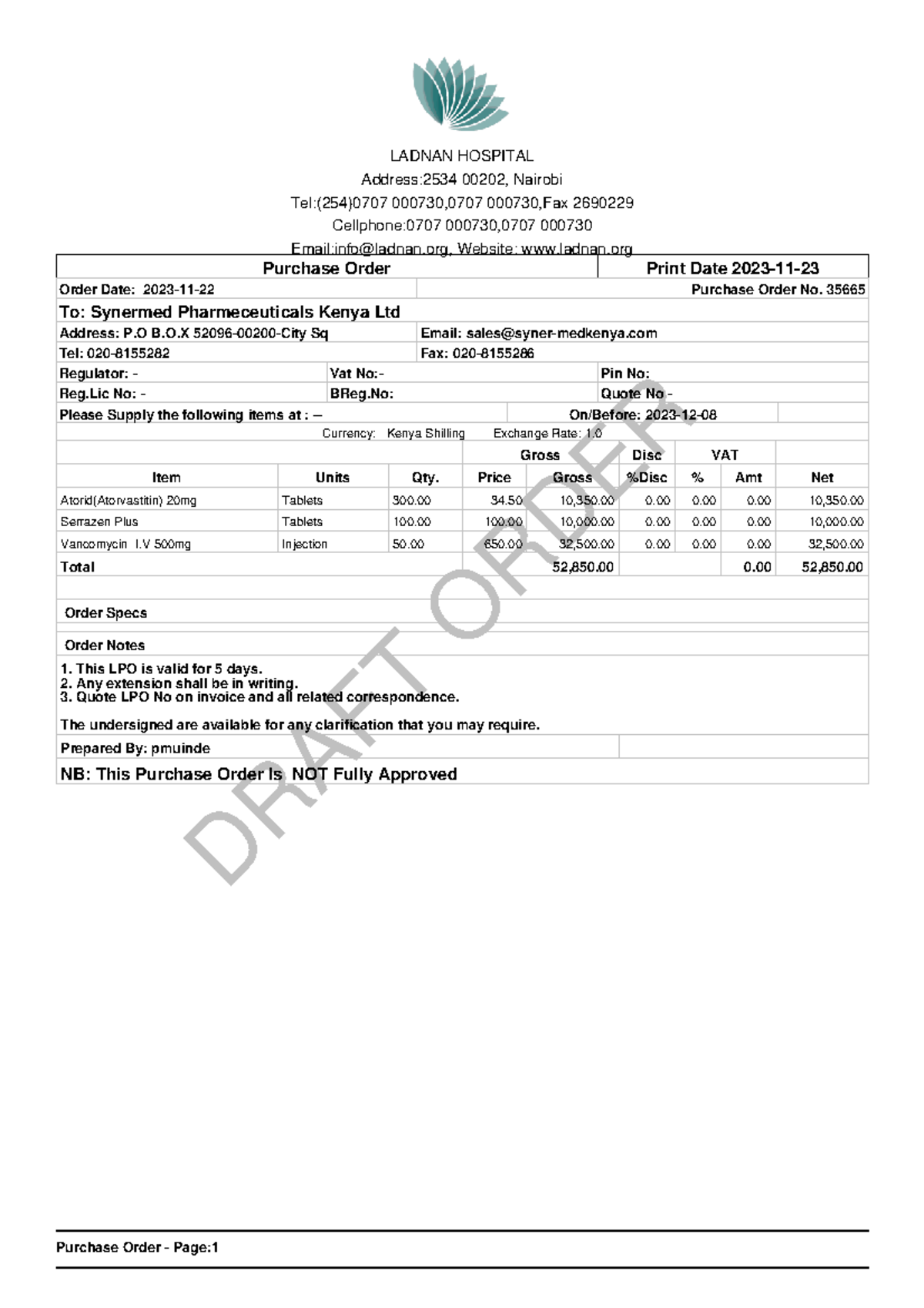 35665 - Materials - DRAFT ORDER Purchase Order - Page: LADNAN HOSPITAL ...