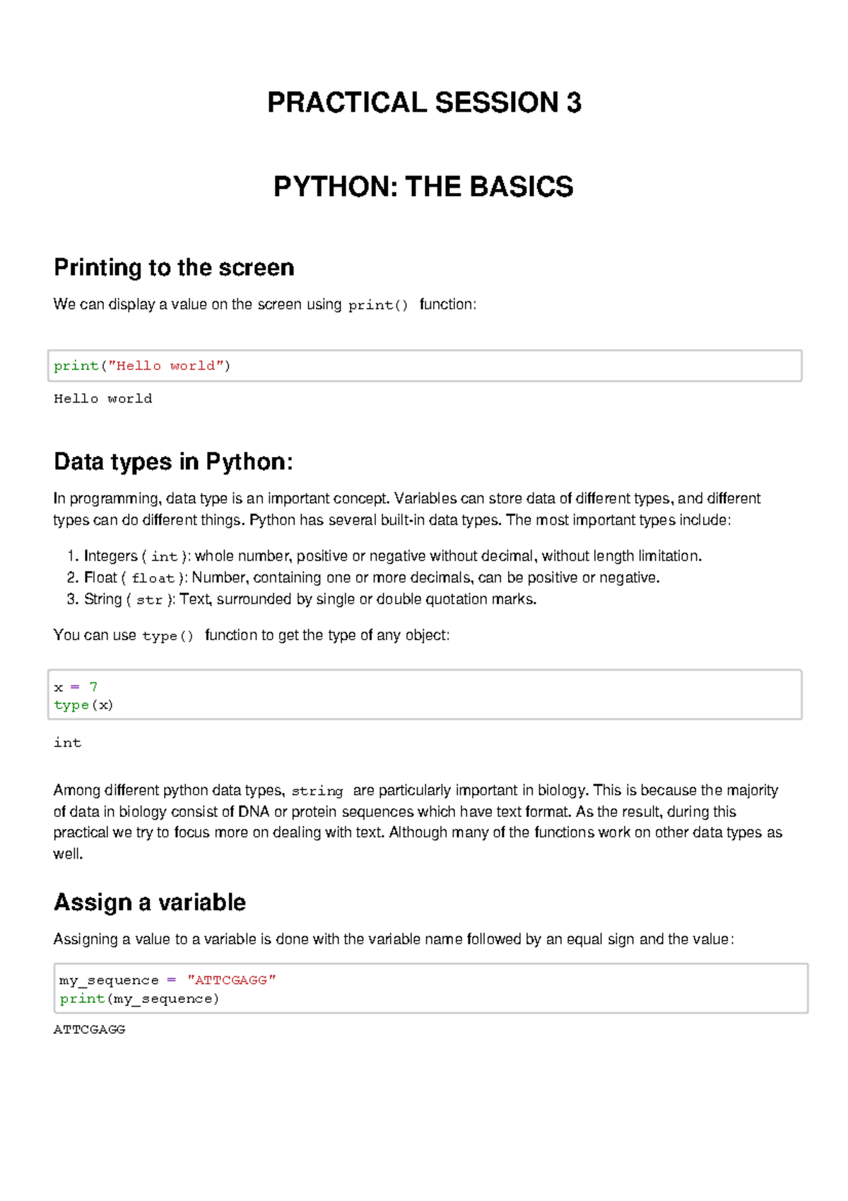 Practical Session 3 Python The Basics Introduction - PRACTICAL SESSION ...