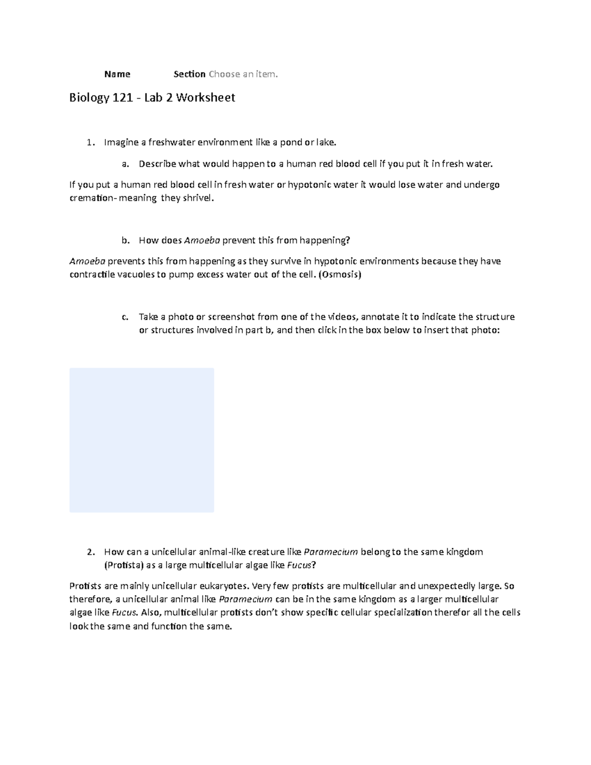 Lab 2-T2-worksheet - Name Sec'on Choose an item. Biology 121 - Lab 2 ...