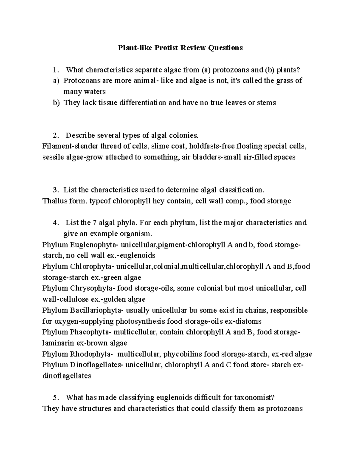  Plantlike Protist Review Questions Plantlike Protist Review