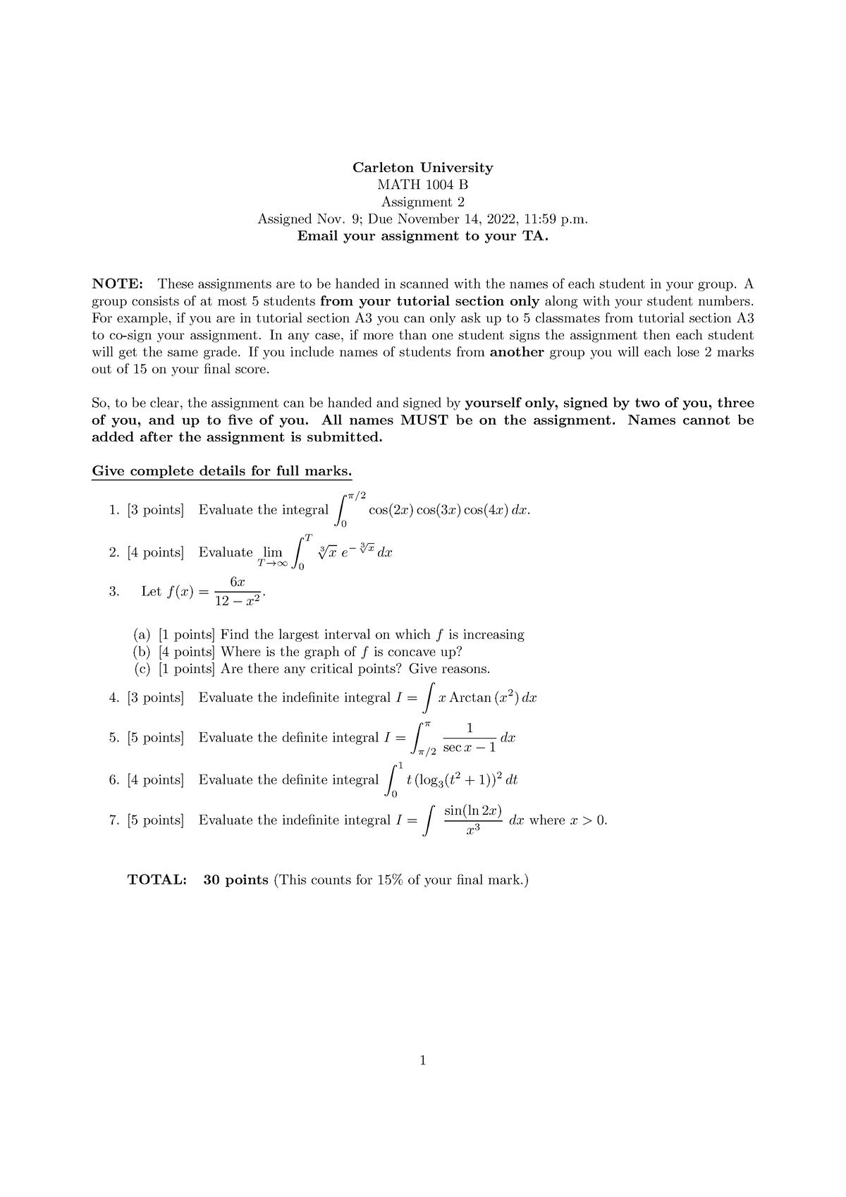 Assignment 2B 15% - Carleton University MATH 1004 B Assignment 2 ...