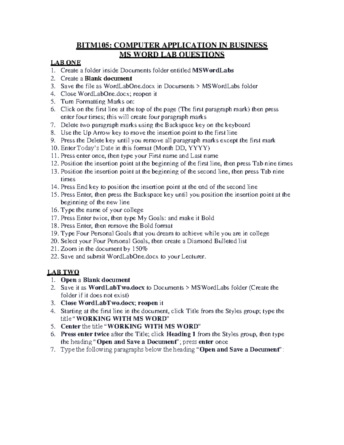 BITM105 MS WORD LAB Questions 2023 BITM105 COMPUTER APPLICATION IN