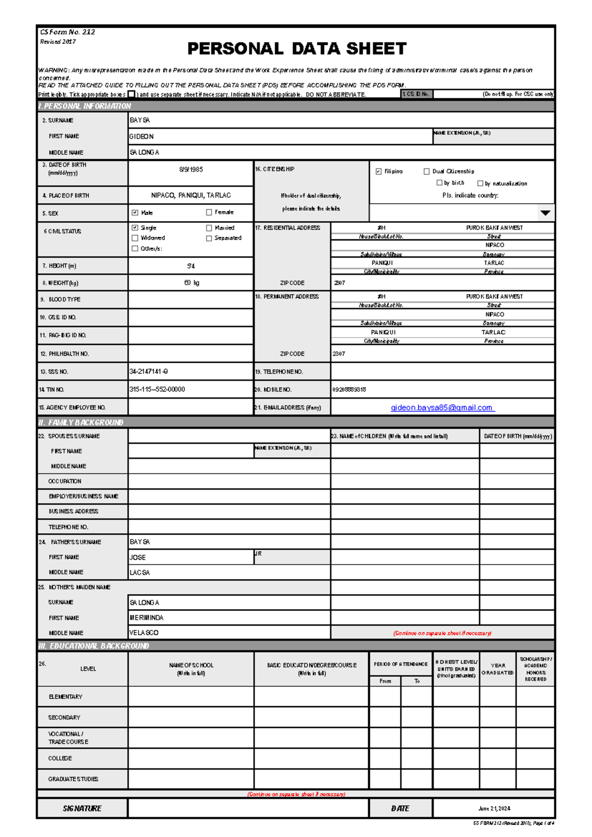 CS Form No. 212 Personal Data Sheet revised - PERSONAL DATA SHEET ...