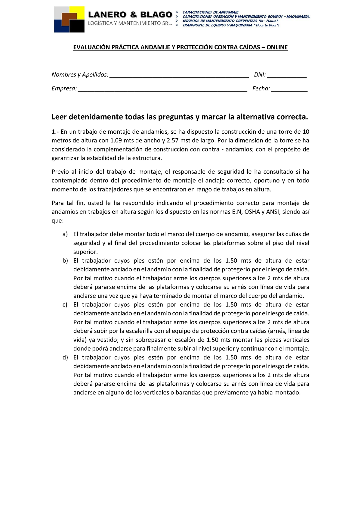 Evaluación Práctica Andamije Y Protección Contra Caídas - EVALUACI”N PR ...