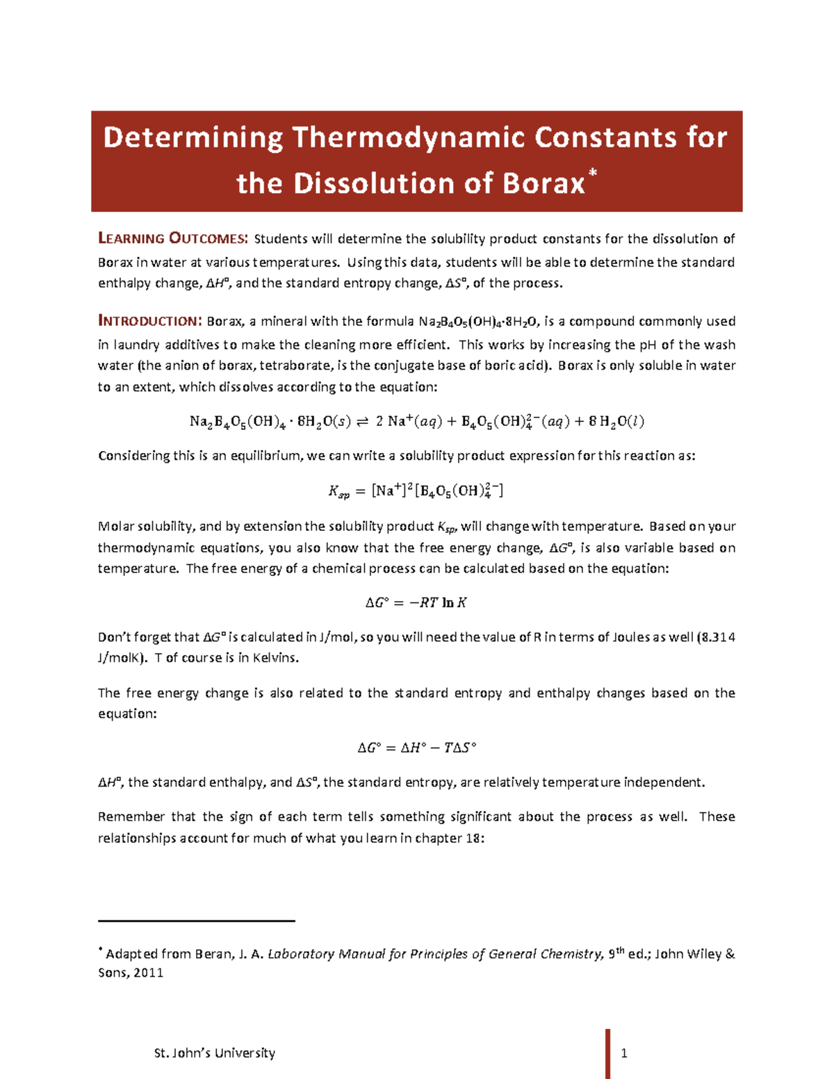 Borax experiment lab report Determining Thermodynamic Constants for