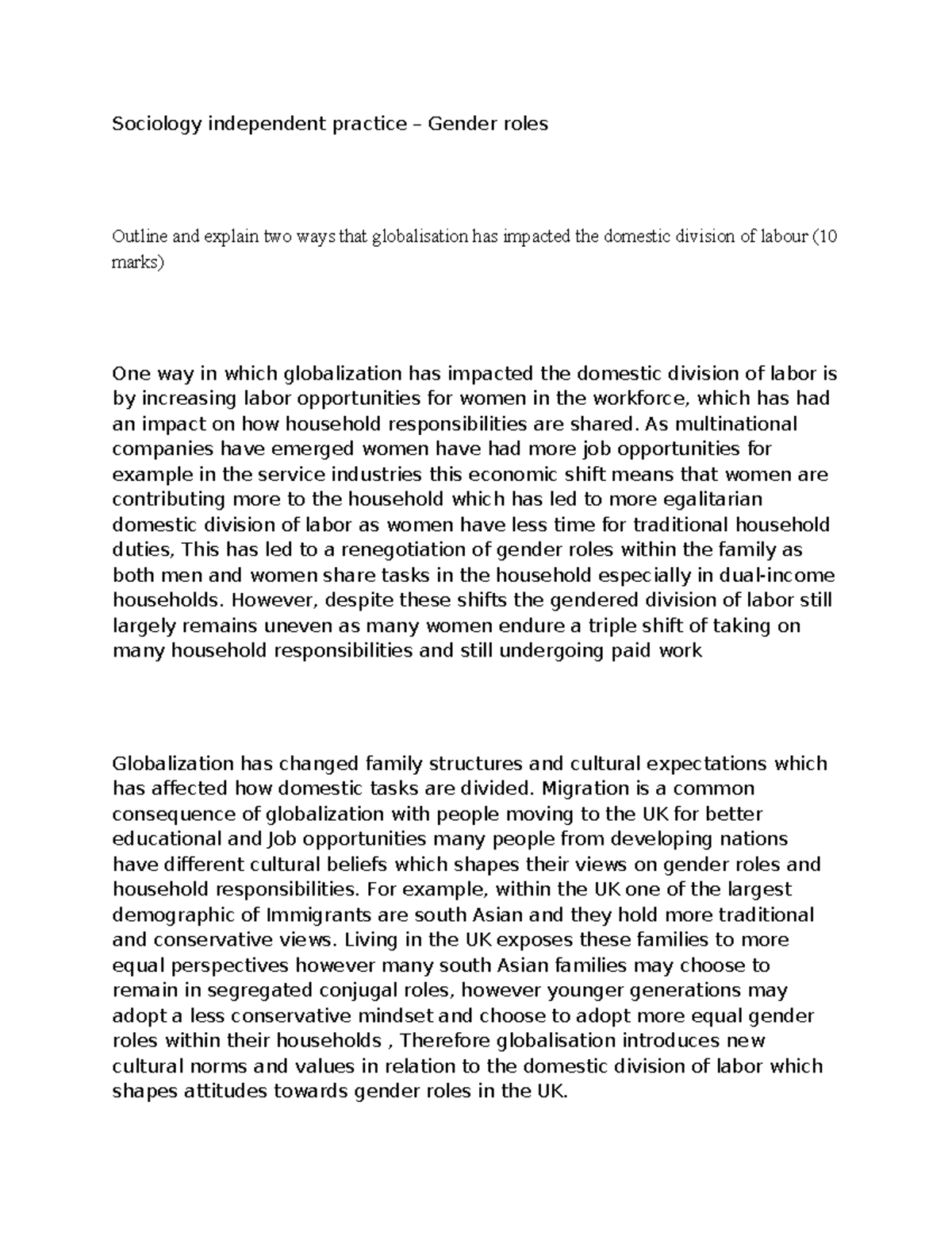 Sociology independent practice – Gender roles - As multinational ...