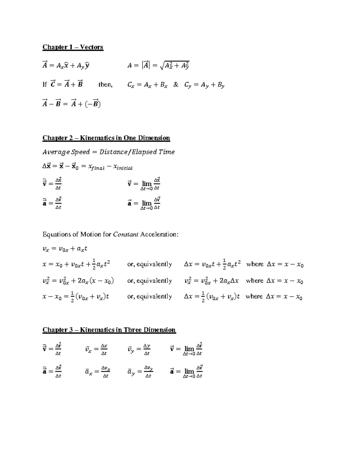 Exam 2 Equation Sheet - Chapter 1 – Vectors 𝑨 ⃗⃗ = 𝐴 𝑥 𝒙̂ + 𝐴 𝑦 𝒚̂ 𝐴 ...