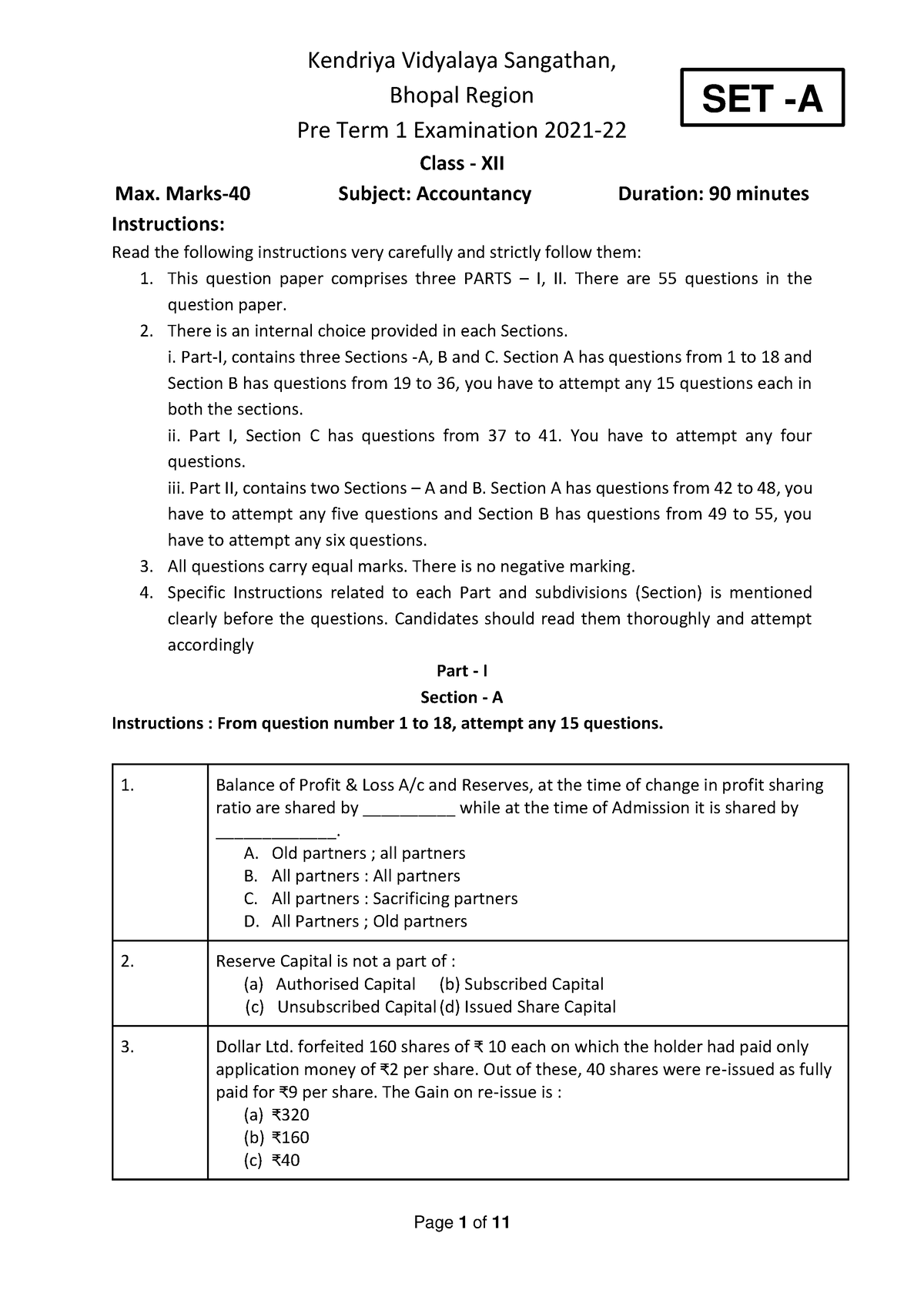 Accountancy QP Set-1 - Bu127 Questions For Practice - Kendriya ...