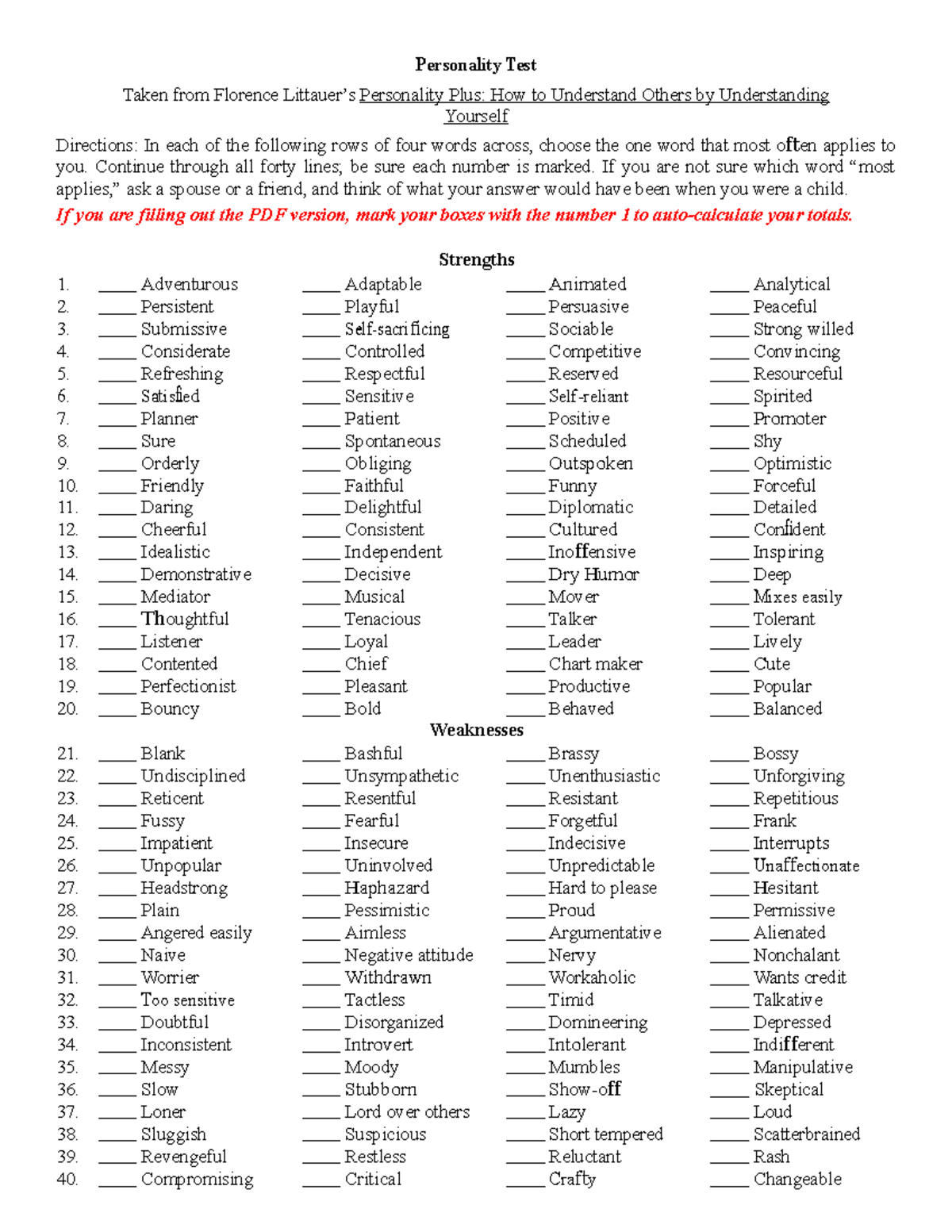 Personalitytest word Personality Test Taken from Florence Littauer’s Personality Plus How to
