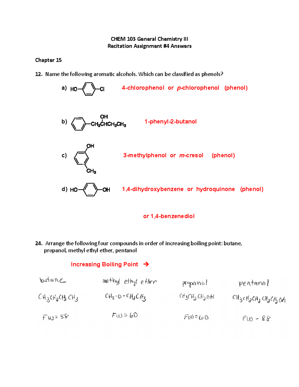 CHEM 103 Recitation Assignment #4 Answers - **CHEM 103 General ...