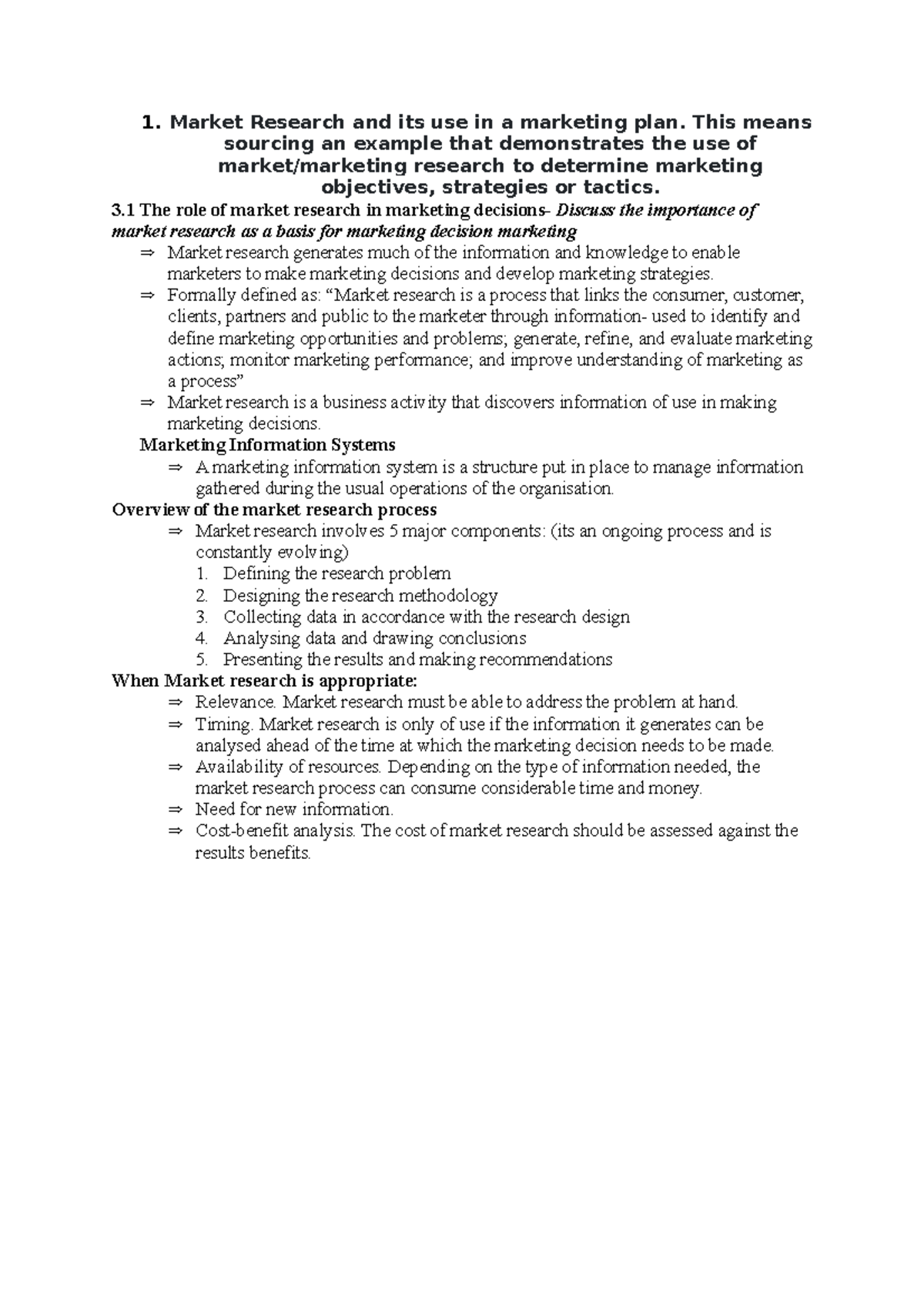 Market research notes 1 Research and its use in a marketing plan