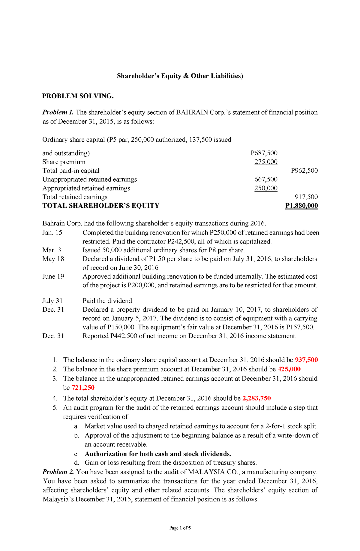 Shareholders Equity - Auditing Problems - Shareholder’s Equity & Other ...