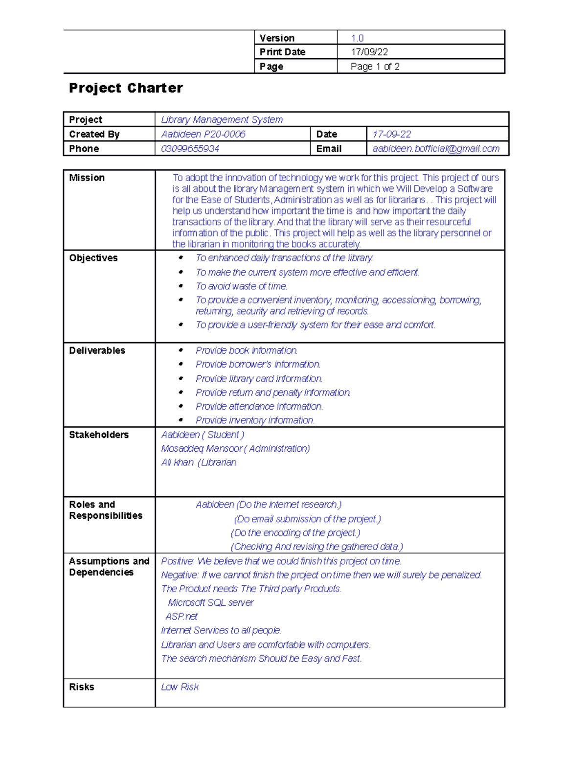 Project Charter P2000 06 - Version 1. Print Date 17/09/ Page Page 1 of ...
