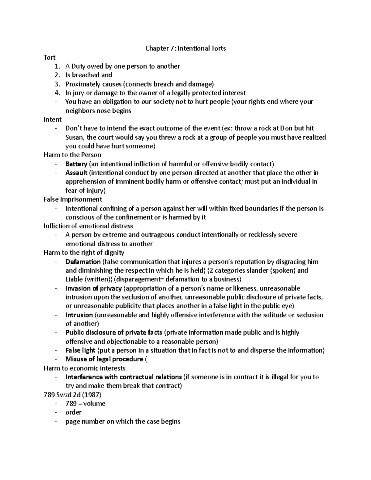 Chapter 7 Intentional Torts Chapter 7 Intentional Torts Tort A