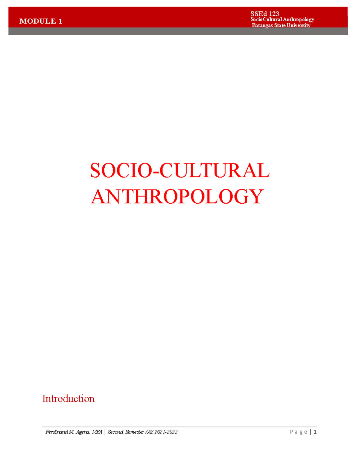 Module I for SSEd-123-Socio Cultural Anthropology - SOCIO-CULTURAL ...