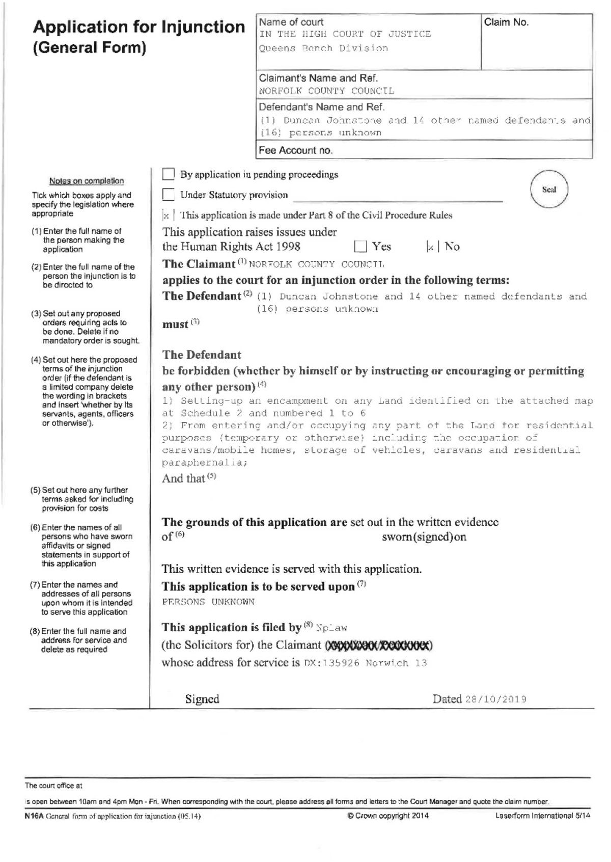 Bundle 13 V1 - Application for Injunction (General Form) Name of court ...