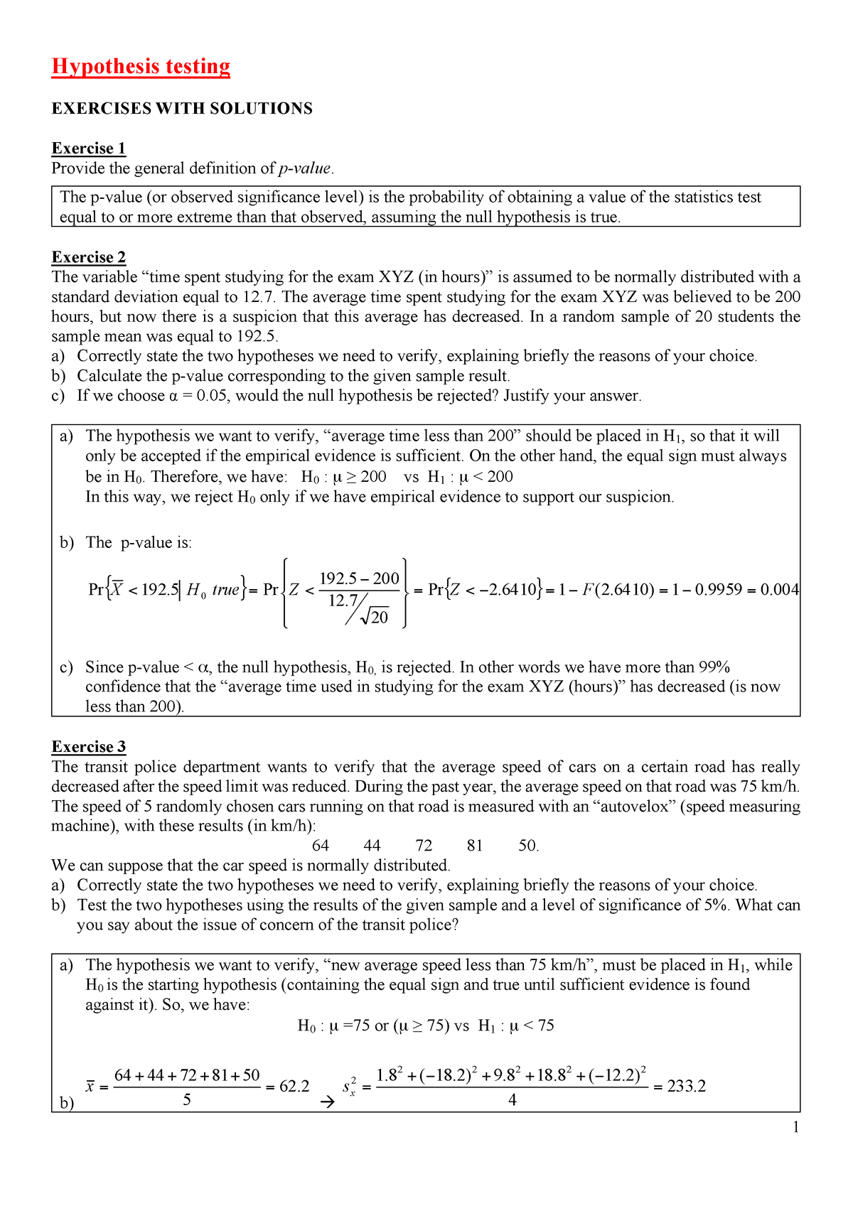 hypothesis testing exercises and solutions