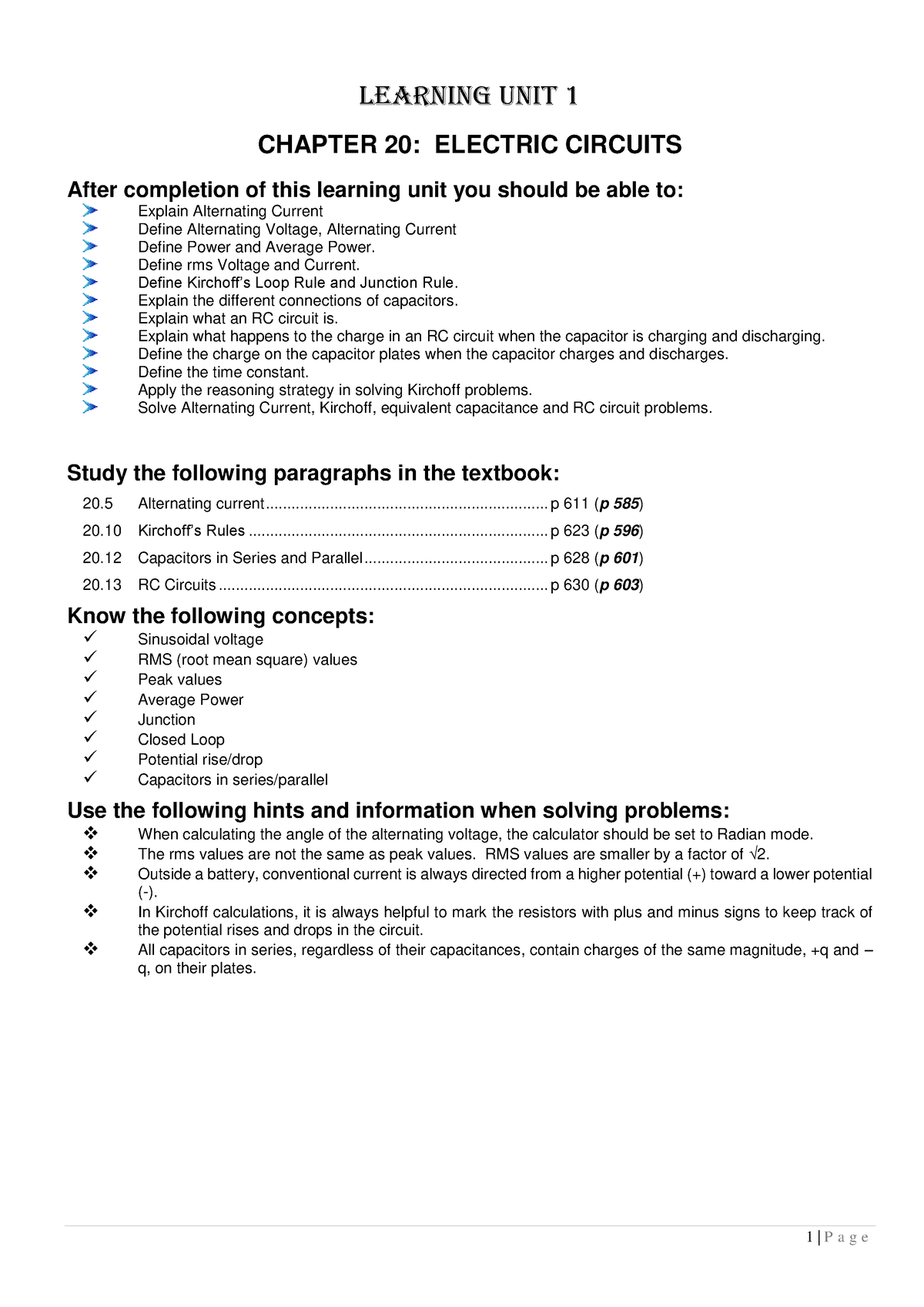 Physics Learning Guide 2 - LEARNING UNIT 1 CHAPTER 20: ELECTRIC ...