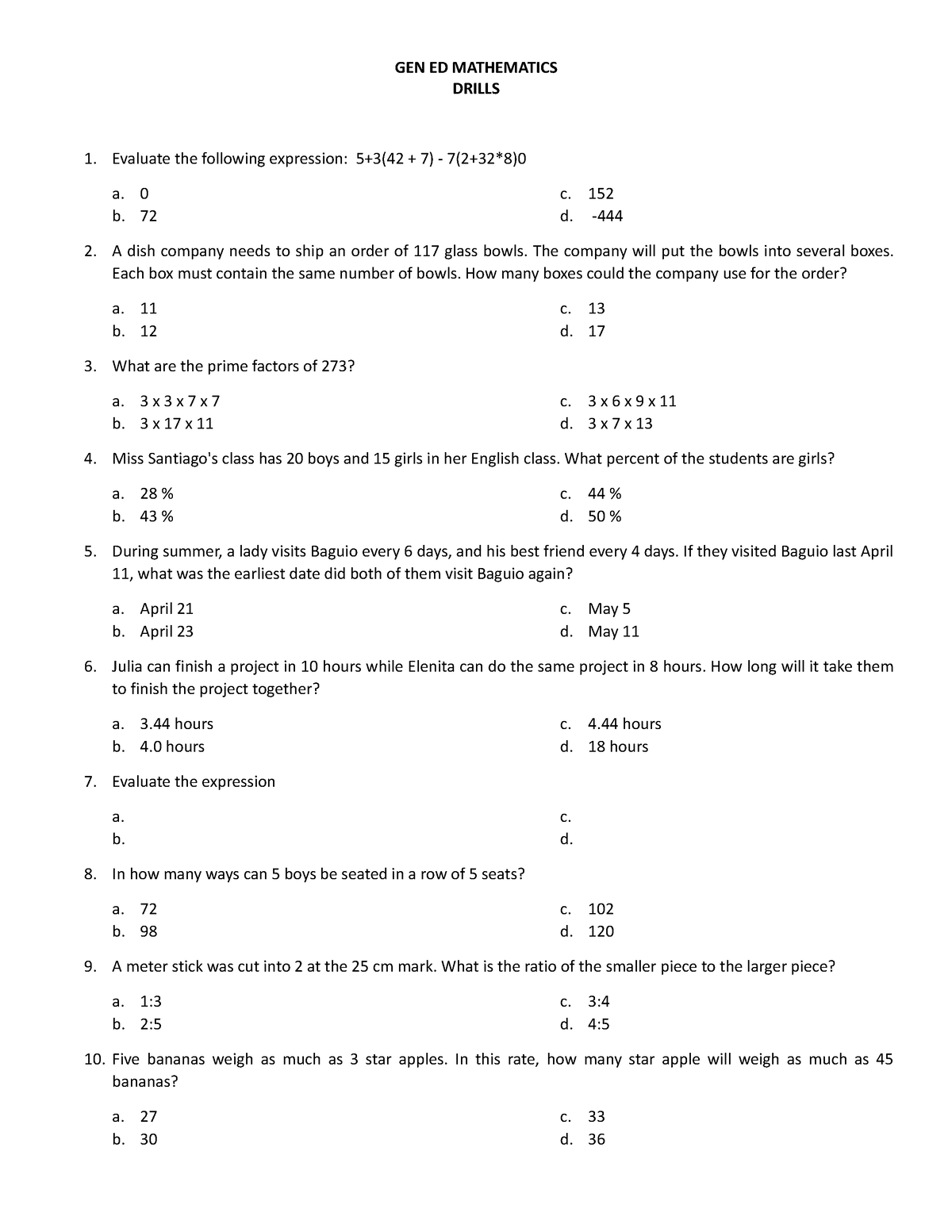 SET B TEST 2 - Review Questions - GEN ED MATHEMATICS DRILLS Evaluate ...