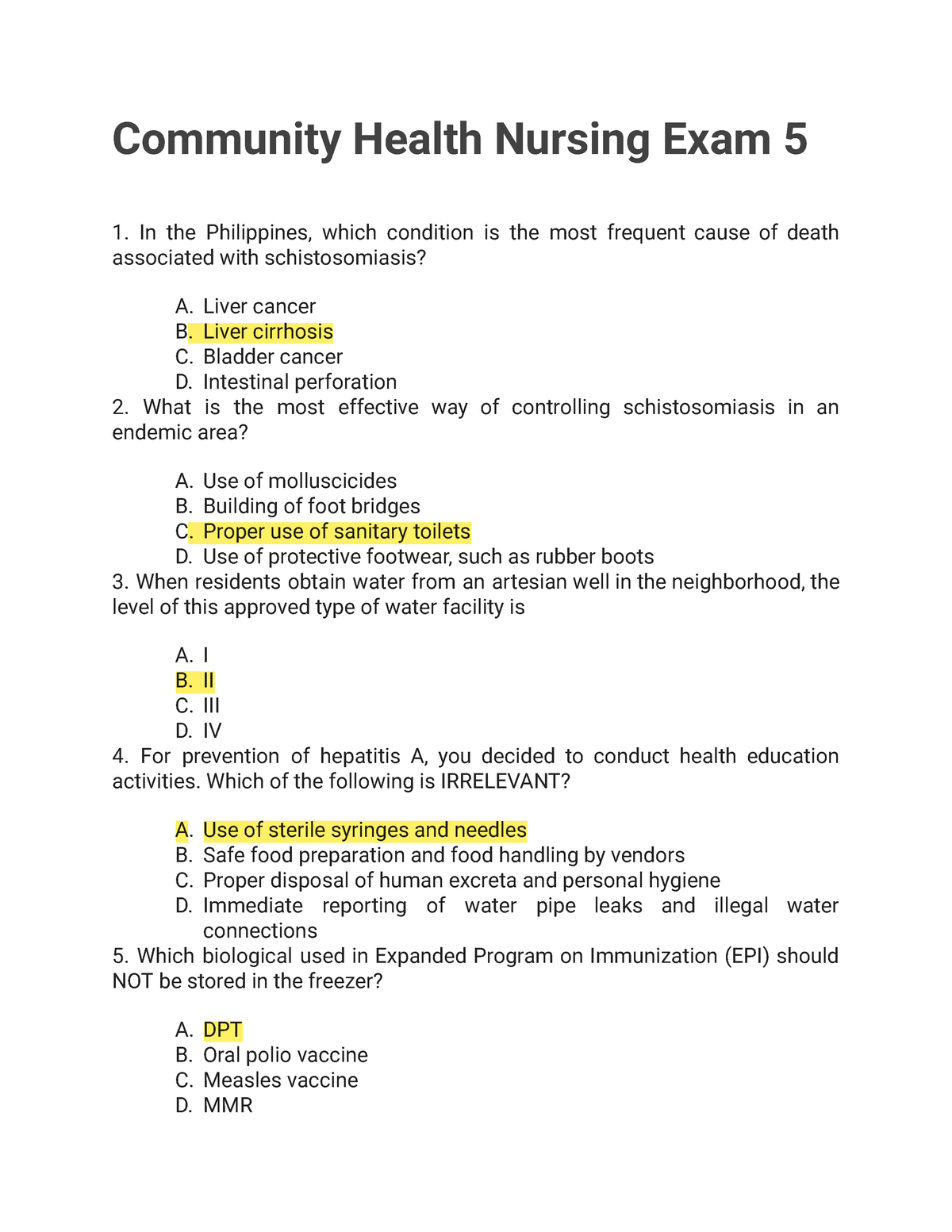 Copy Of Community Health Nursing - Community Health Nursing Exam 5 In ...