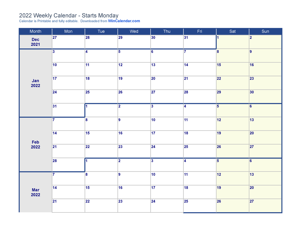 2022 Weekly Calendar Monday - 2022 Weekly Calendar - Starts Monday ...